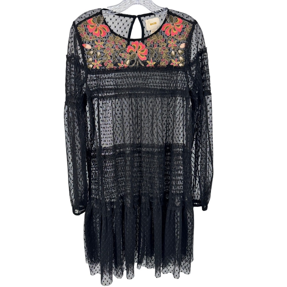 Maeve Anthropologie Sheer Mini Dress M Black Mesh Swiss Dot Embroidered Smocked